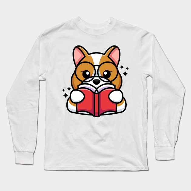 Cute dog reading book cartoon Long Sleeve T-Shirt by Wawadzgnstuff